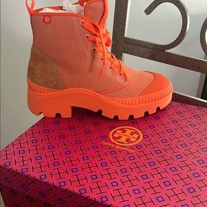 Tory Burch Orange Lace Up Boots with Rugged Sole